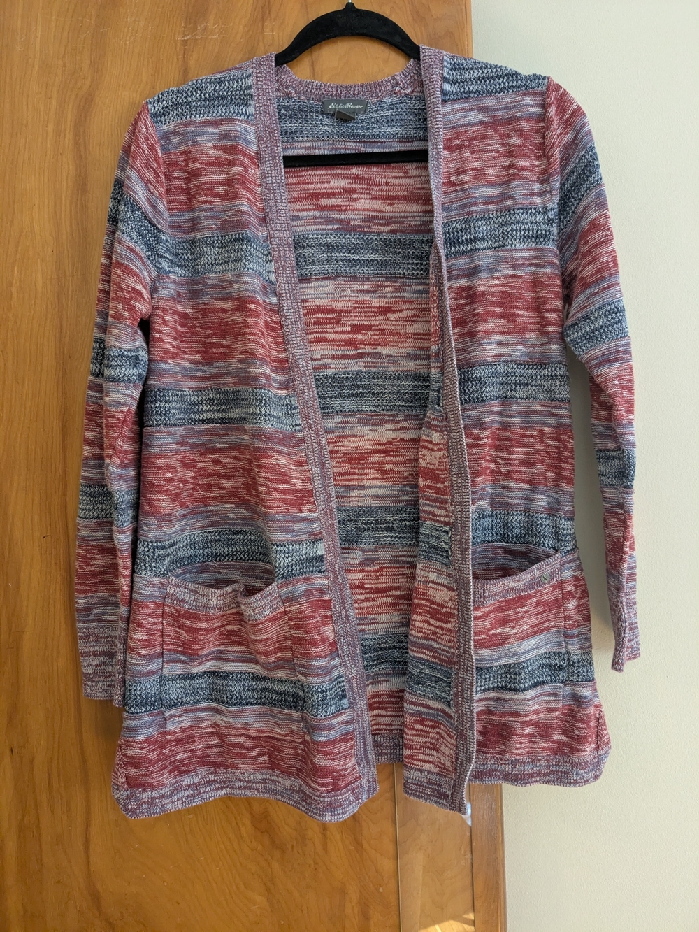 Eddie Bauer Open-Front Striped Cardigan - Red and Blue